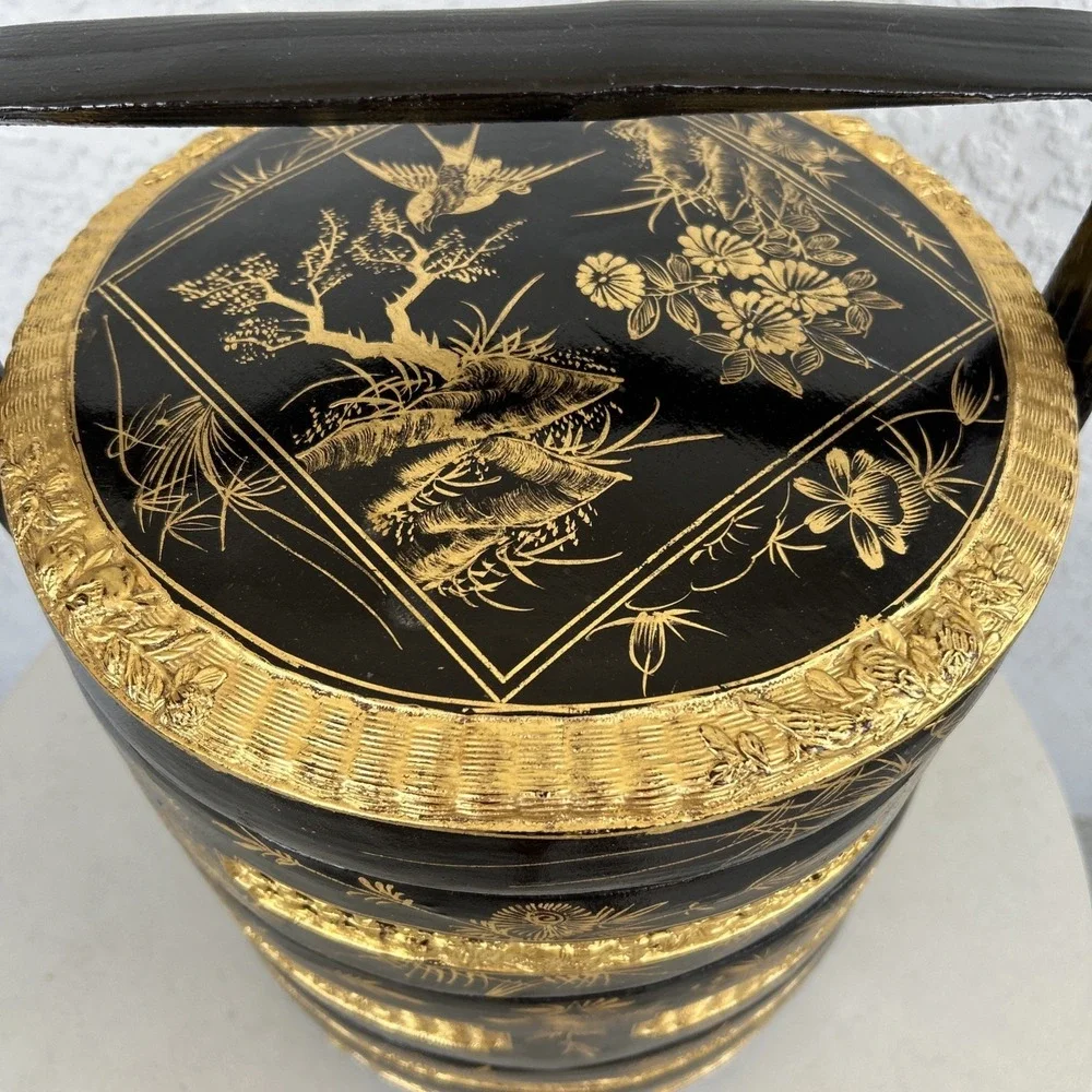 Large VTG Chinese Wedding Basket 3 Tier Black Gold Lacquer Asian Decor